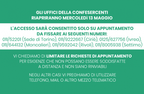 Confesercenti, gli uffici riapriranno mercoledì 13 maggio